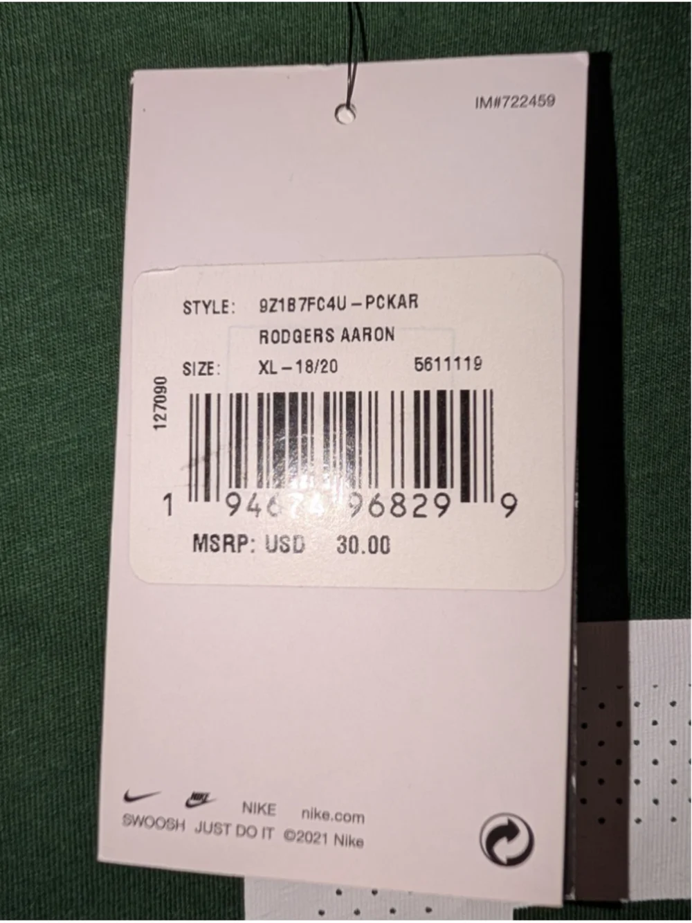 Nike Green Bay Packers Aaron Rodgers #12 Green XL Tshirt